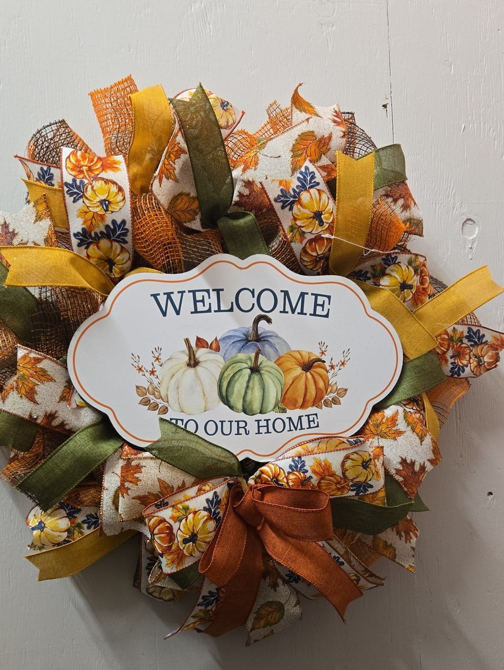 Welcome Fall Pumpkin Wreath in Orange, Green, Yellow